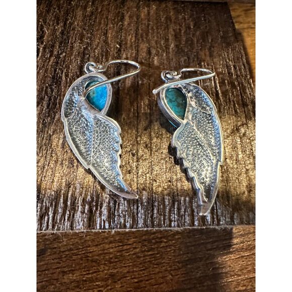 Navajo Eagle Wing Turquoise Earrings in Sterling Silver - Handcrafted Native Am - Picture 8 of 11